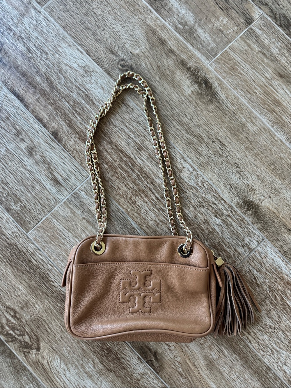 Tory Burch Camel Leather Chain Shoulder Bag with Tassel